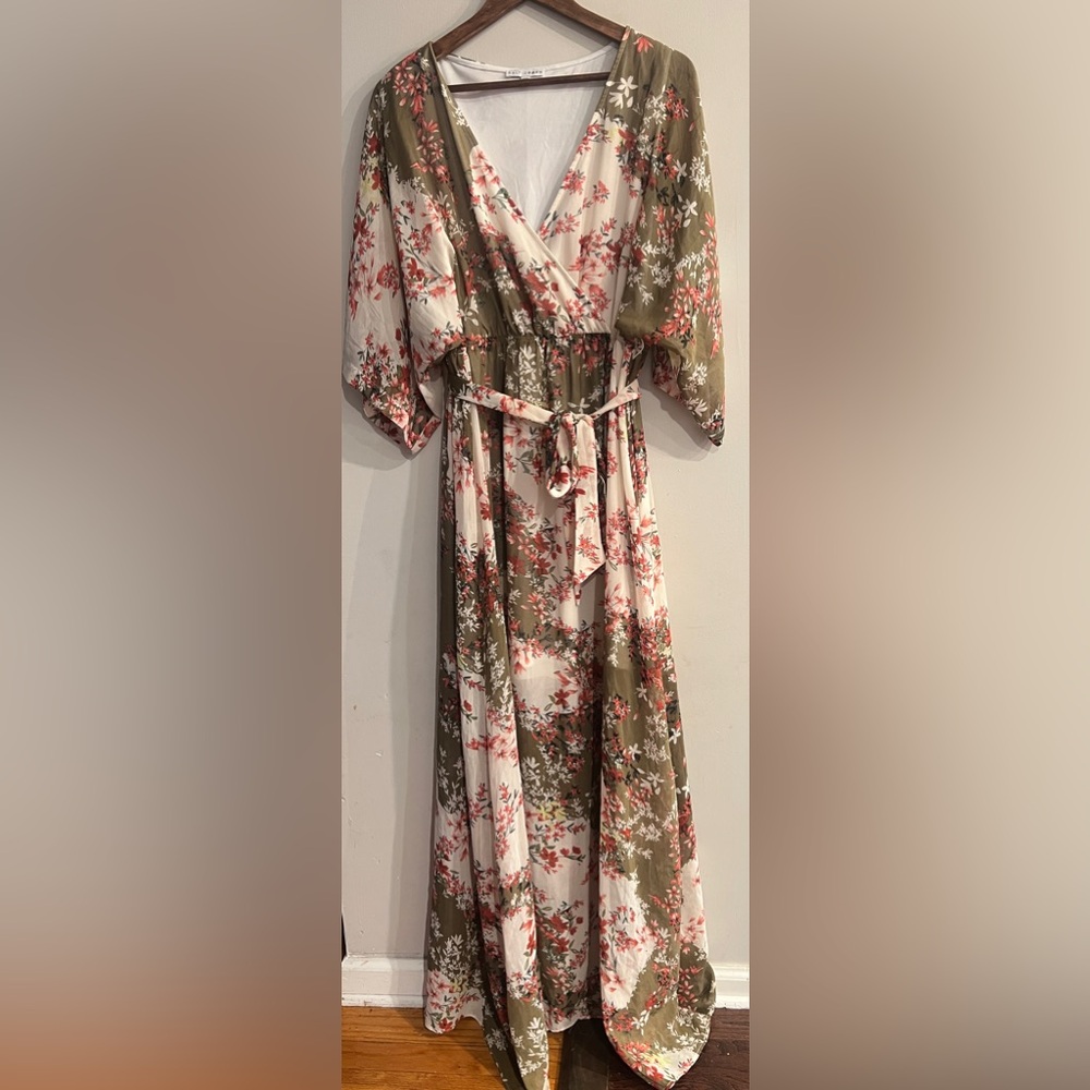 BALTIC BORN Women’s Green & White Floral Faux Wrap Tie Waist Maxi Dress XXXL